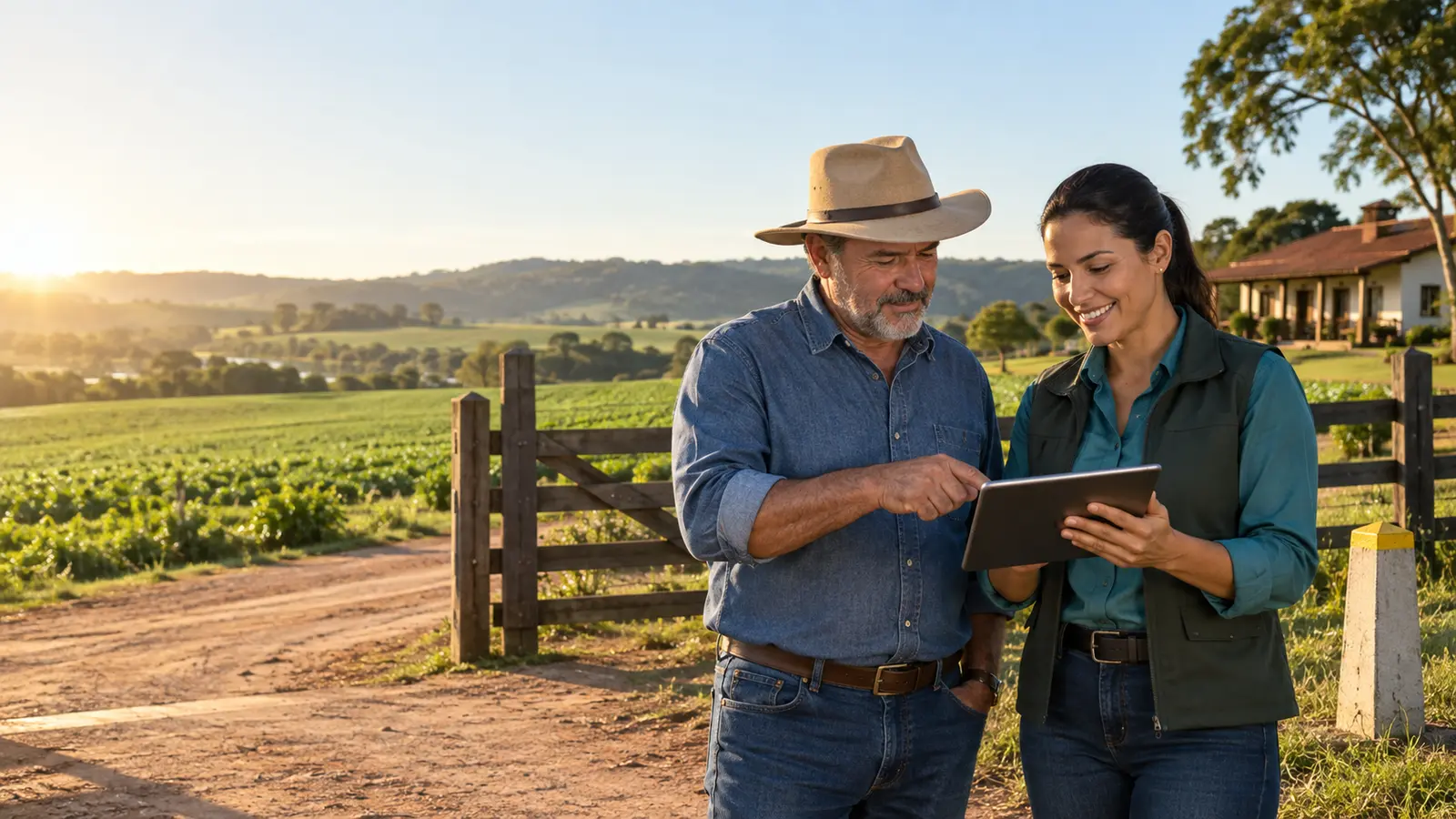Produtor rural e consultora analisando documentos digitais da propriedade